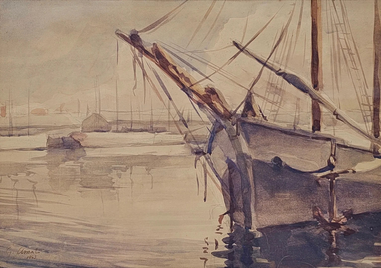 GABRIEL AMAT PAGÈS. PUERTO. FECHADO EN 1943. ACUARELA SOBRE PAPEL. — Drawings — Barcelona Auctions