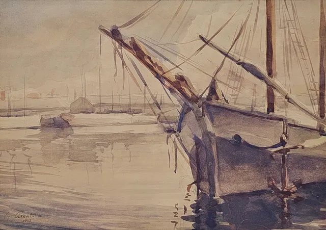 GABRIEL AMAT PAGÈS. PUERTO. FECHADO EN 1943. ACUARELA SOBRE PAPEL.
