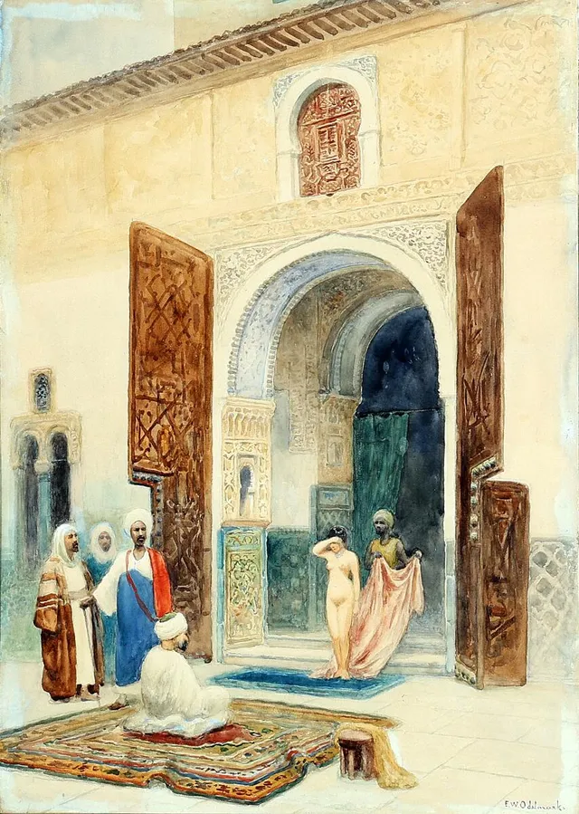 An odalisque is presented in a palace interior. Signed F. W. Odelmark. 59.5×42.5 cm.