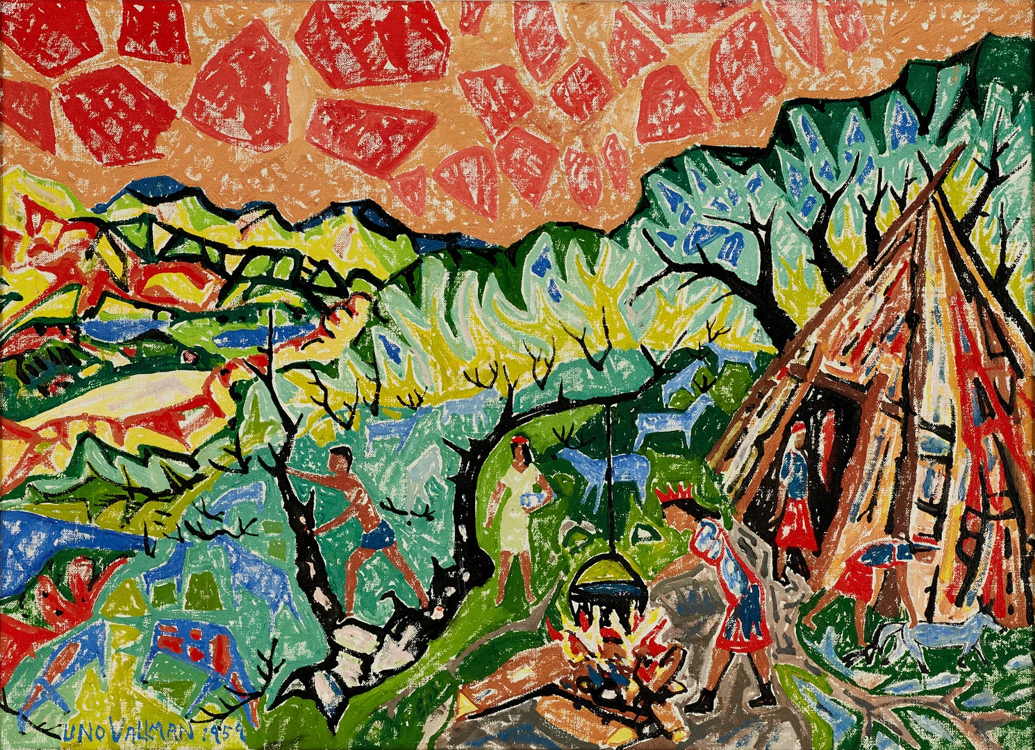 UNO VALLMAN (1913-2004): Norrländkst landskap med kåta, signerad och daterad Uno Vallman 1959, olja på duk. — Paintings — Crafoord Auktioner Stockholm