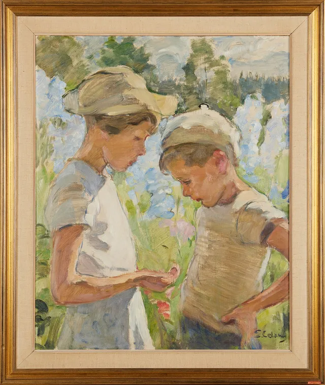 ELSA CELSING (1880-1974). Barn i sommarlandskap, olja på pannå, signerad E Celsing.