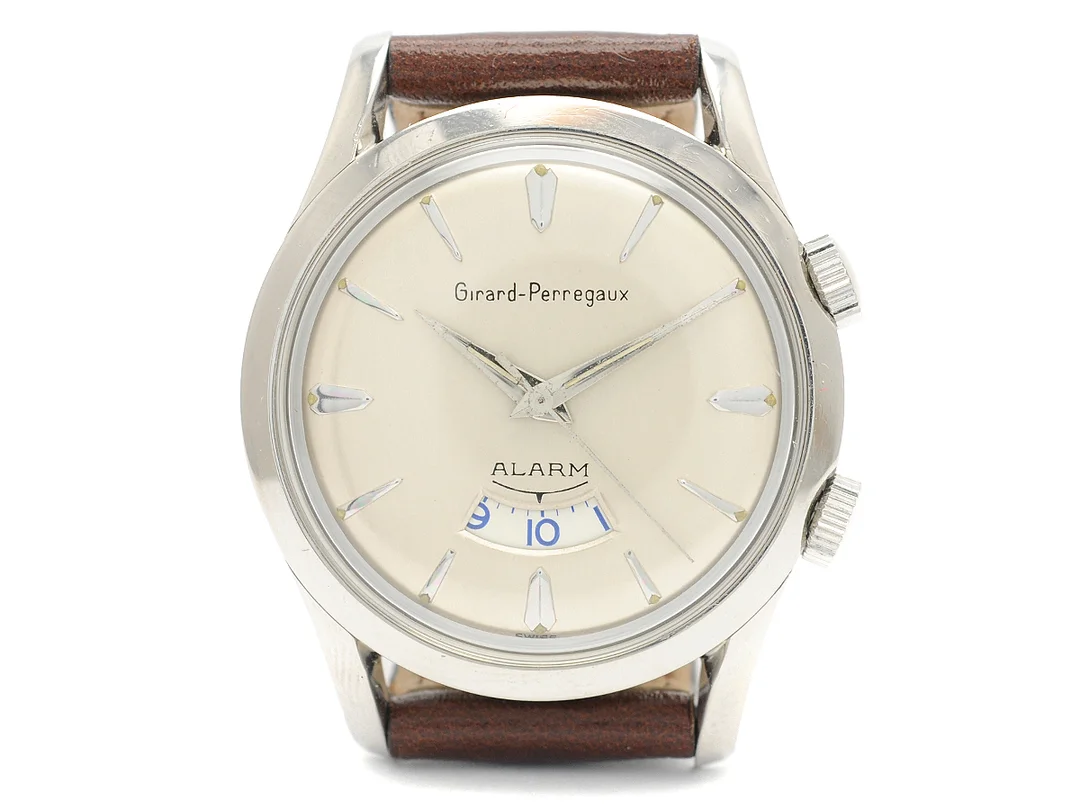 GIRARD-PERREGAUX, Alarm, Cal 11 (AS 1475, GXM), Serie nr. 1109232, herrur, 34 mm, stål, manuell, plexiglas, alarm, renoverad urtavla, skadad urtavla (9/10), läderband, originalspänne, ca 1960, box. — Klockor/Girard-Perregaux — Kaplans