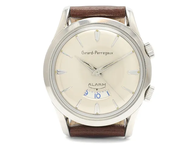 GIRARD-PERREGAUX, Alarm, Cal 11 (AS 1475, GXM), Serie nr. 1109232, herrur, 34 mm, stål, manuell, plexiglas, alarm, renoverad urtavla, skadad urtavla (9/10), läderband, originalspänne, ca 1960, box.