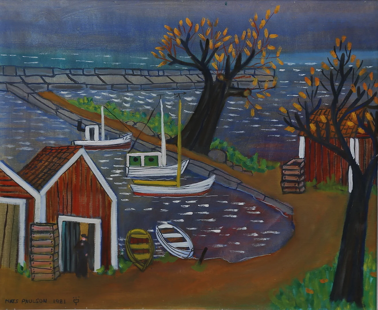 MATS PAULSON. "I hamn(Hjo)". Olja på pannå, signerad och daterad 1981. — Paintings — Gomér & Andersson Linköping
