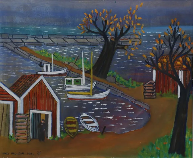 MATS PAULSON. "I hamn(Hjo)". Olja på pannå, signerad och daterad 1981.