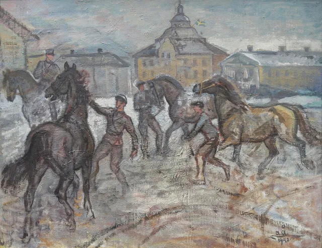 ACKE ÅSLUND. Militärhästar, olja på pannå, signerad och daterad A Å 1940.