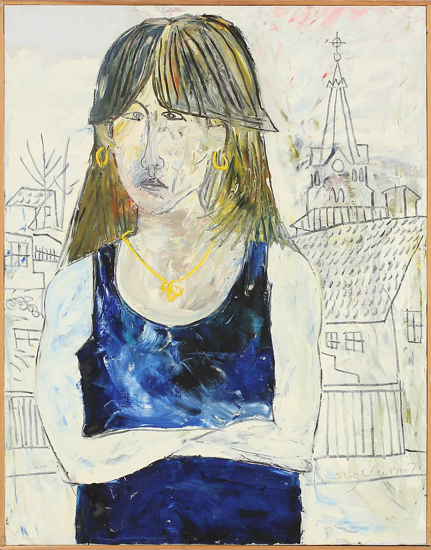STIG CLAESSON (SLAS). Modell med Stockholm och Sofia kyrka i fonden. Olja och krita på duk, signerad och daterad 79. — Paintings — Göteborgs Auktionsverk