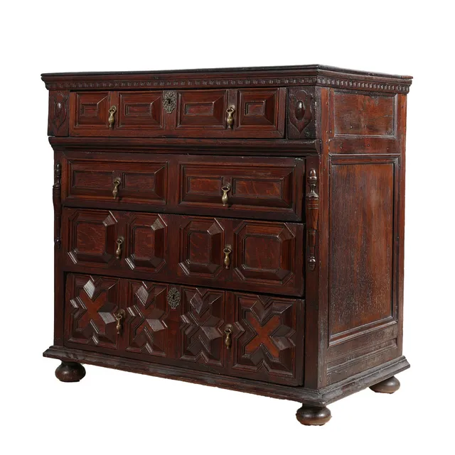 A CHARLES II OAK GEOMETRIC CHEST OF DRAWERS, CIRCA 1680.