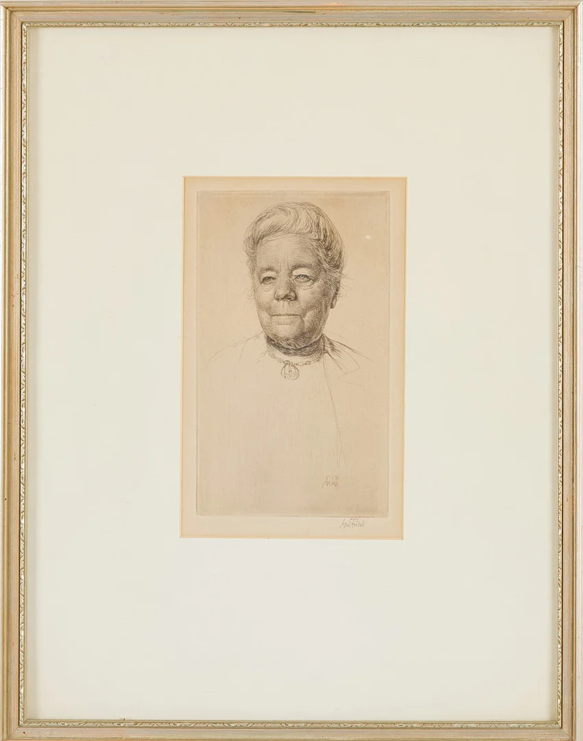 AXEL FRIDELL. Porträtt av Selma Lagerlöf, torrnålsetsning, signerad i plåten samt signerad i blyerts. — Engravings & Prints — Stockholms Auktionsverk Sickla