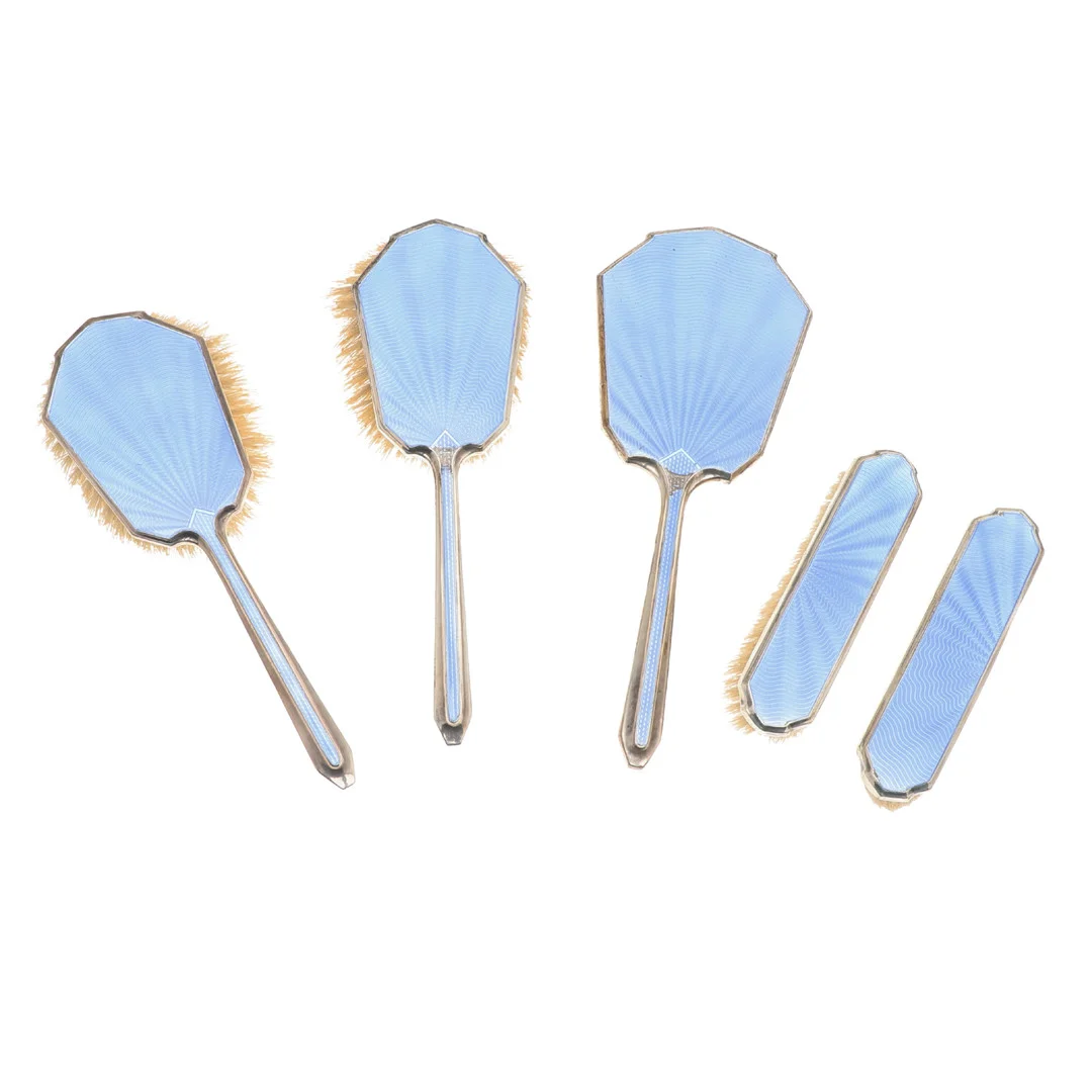 A SILVER AND BLUE ENAMEL FIVE PIECE DRESSING TABLE SET. — Silver — Lawrences Auctioneers