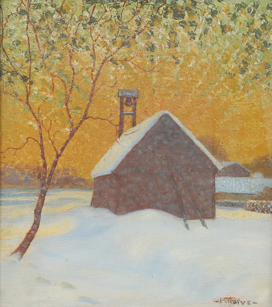 NILS FOLKE KNAFVE. Vinterlandskap med hus, olja på pannå, signerad Knafve. — Paintings — Helsingborgs Auktionskammare