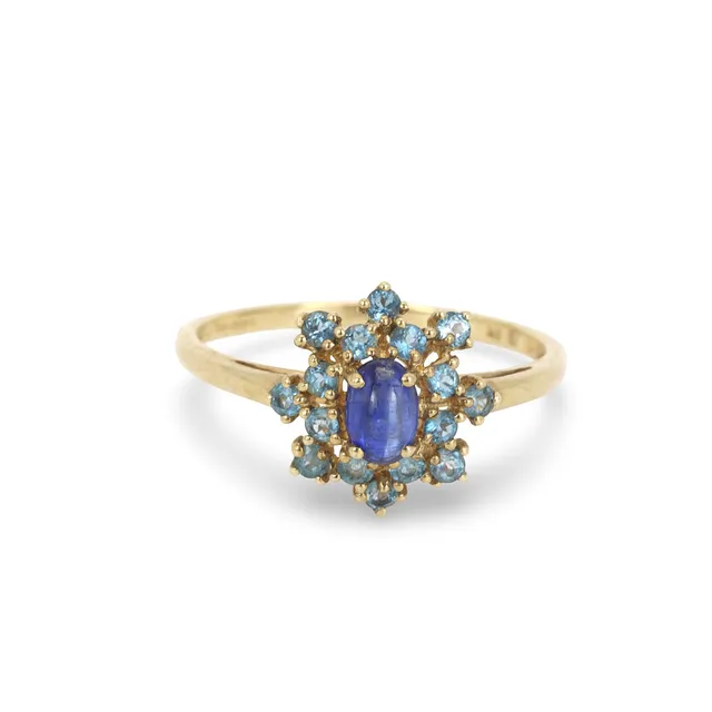 9CT GOLD SAPPHIRE & BLUE TOPAZ RING.