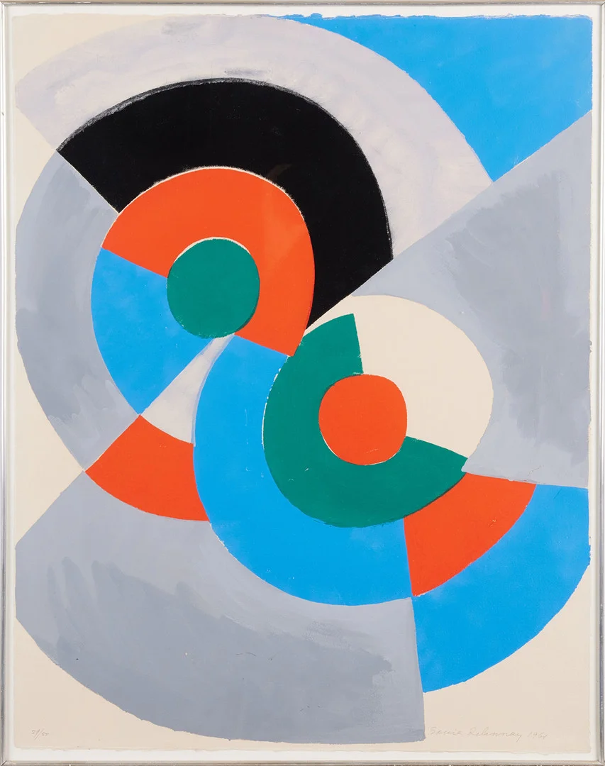 SONIA DELAUNAY. Komposition, signerad och daterad 1961, numrerad 29/50, färglitografi. — Engravings & Prints — Stockholms Auktionsverk Magasin 5