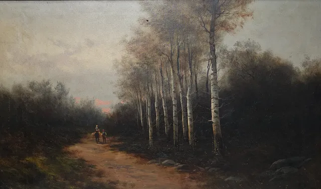 ESCUELA CATALANA, PAISAJE OLOTINO CON PERSONJES, OLEO SOBRE LIENZO, SIGLO XIX.