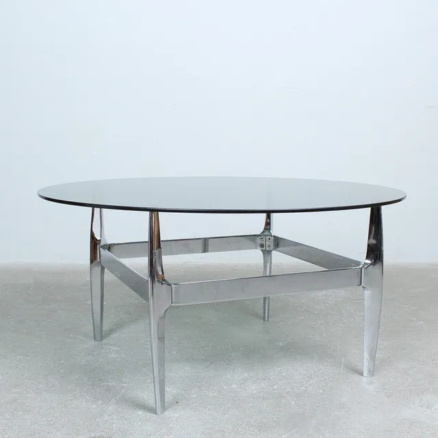 KNUT HESTERBERG. für Ronald Schmitt, Couchtisch, Aluminium, Glas, Deutschland, 1960er Jahre.