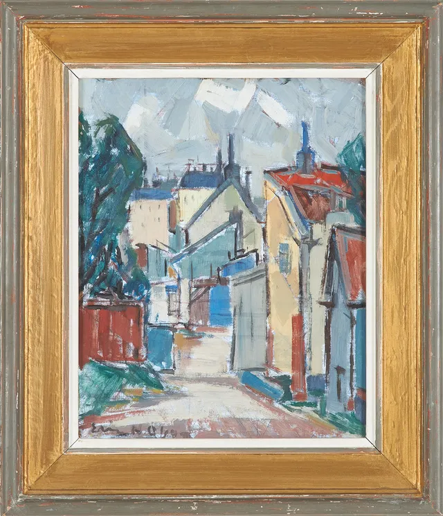 ERIC H OLSON (SVERIGE, 1907-1995). Stockholmsmotiv från Södermalm, olja på pannå, signerad Eric H Olson.