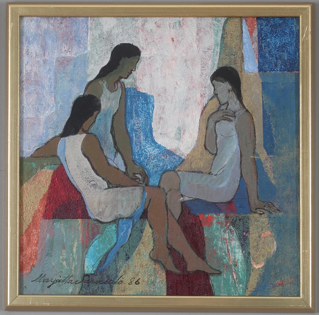MARJATTA SARASALO. "Evas döttrar", olja på duk, signerad och daterad -82. — Paintings — Stadsauktion Sundsvall