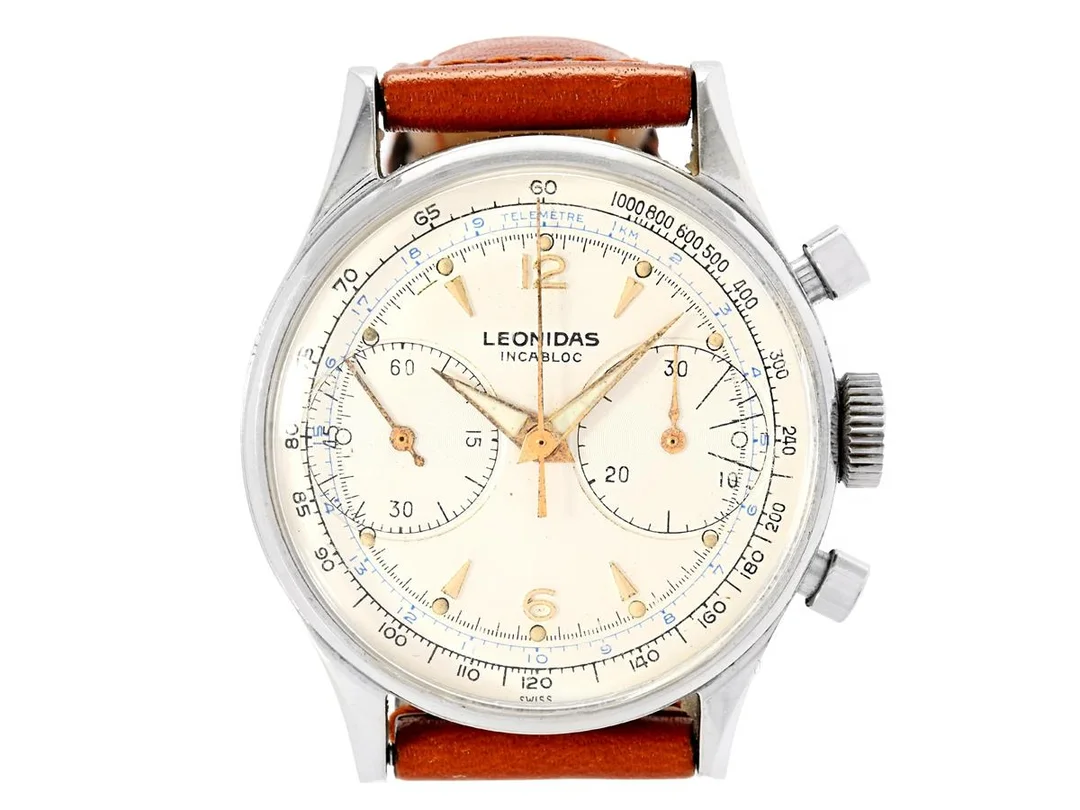 LEONIDAS, kronograf, "Telemetre", Cal Landeron 248, Boett nr. 359949, herrur, 35 mm, stål, manuell, plexiglas, relumade visare, läderband, ca 1959. — Klockor/Övriga klockor — Kaplans
