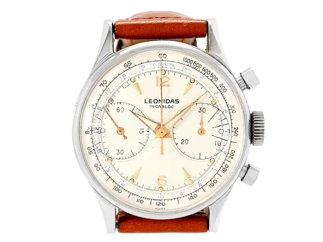 LEONIDAS, kronograf, "Telemetre", Cal Landeron 248, Boett nr. 359949, herrur, 35 mm, stål, manuell, plexiglas, relumade visare, läderband, ca 1959.