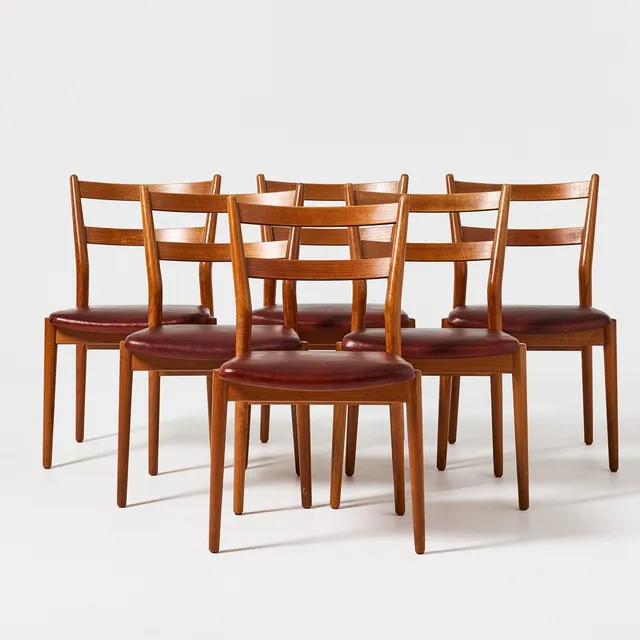 HELGE SIBAST. Stolar, sex st., Sibast Möbler, Danmark, modell 59, teak med sitsar i läder.