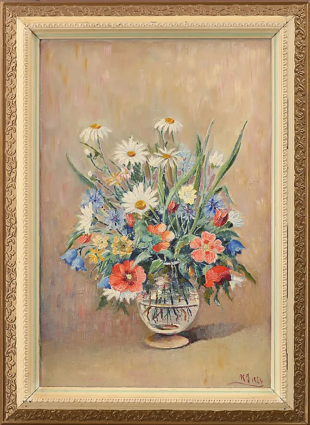 OIDENTIFIERAD KONSTNÄR. Olja på duk, blomsterstilleben, signerad KJ, daterad 1956.