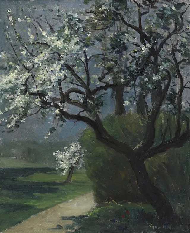 RYNO FRIEBERG. "Blommande äppelträd", signerad.