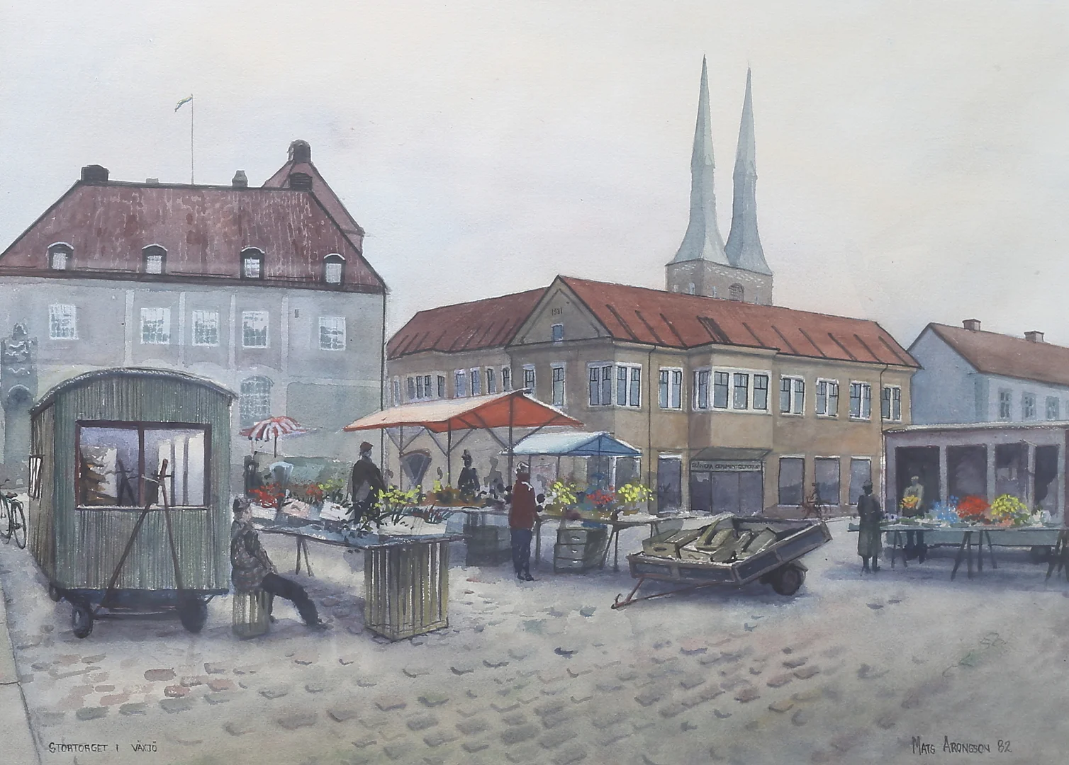 MATS ARONSSON. "Stortorget i Växjö", akvarell, signerad, daterad -82. — Paintings — Växjö Auktionskammare