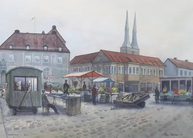 MATS ARONSSON. "Stortorget i Växjö", akvarell, signerad, daterad -82.