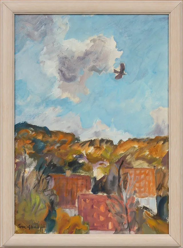 TORE AHNOFF. Landskap med hus och fågel, olja på duk, signerad.