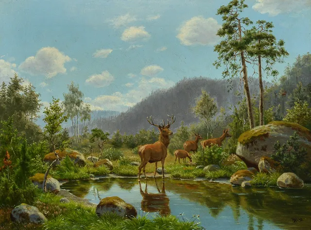 Adolf Mackeprang. Kronhjorte ved skovsø