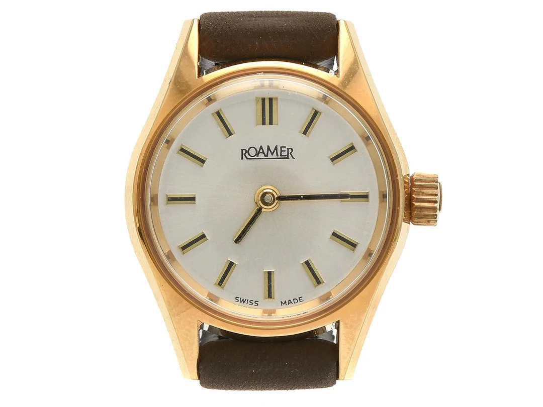 ROAMER, damur, 21 mm, Boett nr. 466.8210.018, doublé (10 micron), manuell, plexiglas, läderband, originalspänne, ca 1965. — Klocktillbehör/Roamer — Kaplans