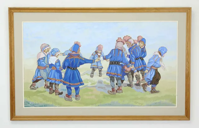 PALLE ÅBERG. Olja på pannå, "Lekande samebarn", signerad, daterad 1958.