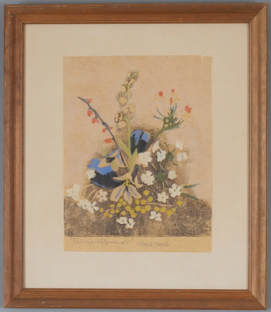 MAJA FJAESTAD. "Februariblommor", färgträsnitt, signerad. — Engravings & Prints — Stadsauktion Sundsvall