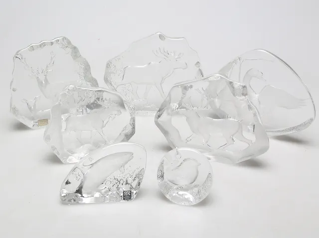 MATS JONASSON. Konstglas, 7 delar, djur, Målerås.
