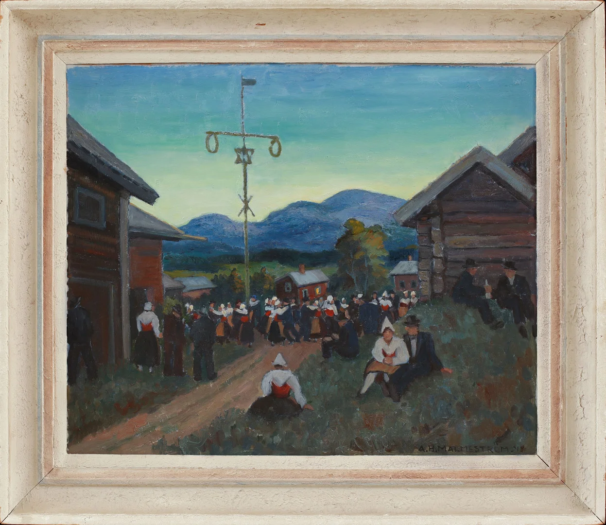 AKKE HUGH MALMESTRÖM. "Midsommarnatt Björken Siljansnäs". Olja på pannå, signerad och daterad -48. — Paintings — Göteborgs Auktionsverk