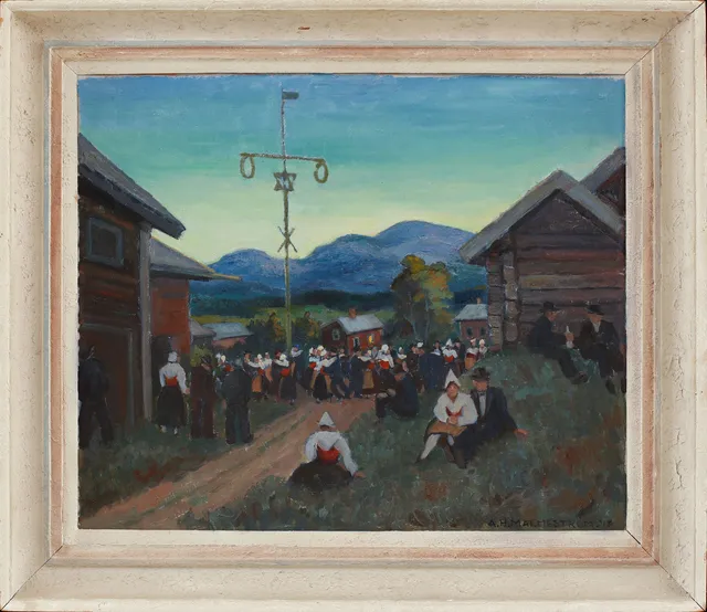AKKE HUGH MALMESTRÖM. "Midsommarnatt Björken Siljansnäs". Olja på pannå, signerad och daterad -48.