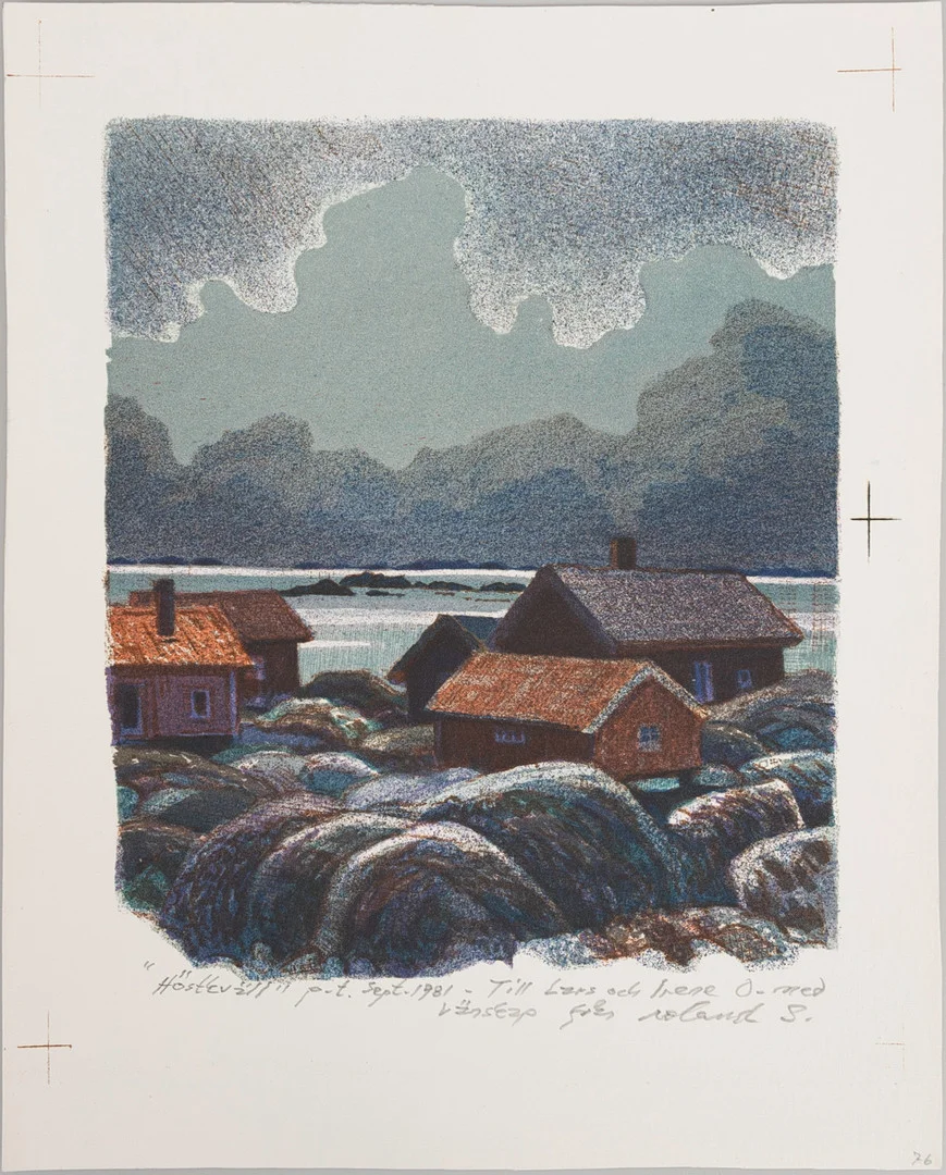 ROLAND SVENSSON. "Höstkväll", färglitografi, signerad, provtryck, dedikation, 1981. — Engravings & Prints — Auktionshuset Kolonn