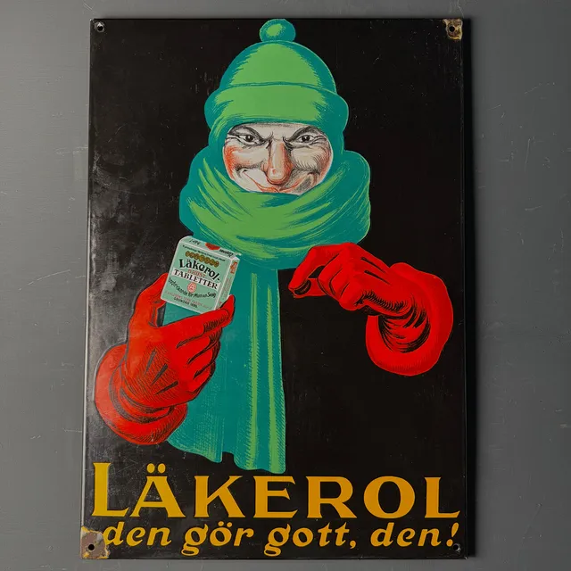 LÄKEROL, emaljskylt, 1920-tal.