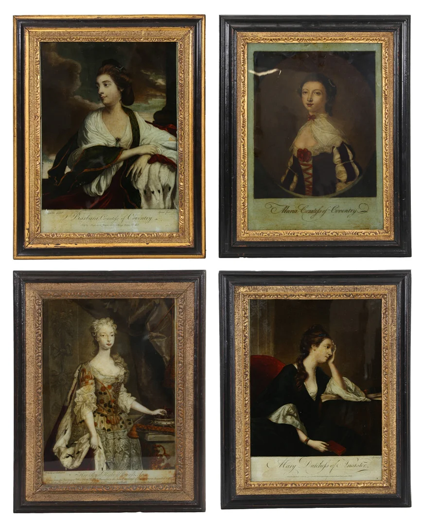 A SET OF FOUR 19TH CENTURY REVERSE ENGRAVINGS ON GLASS. — Paintings — Bishop & Miller