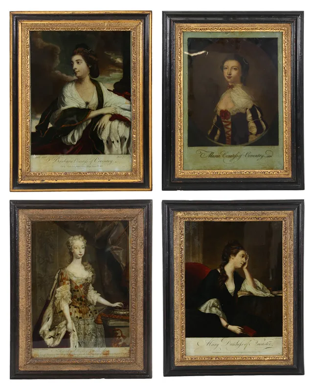 A SET OF FOUR 19TH CENTURY REVERSE ENGRAVINGS ON GLASS.