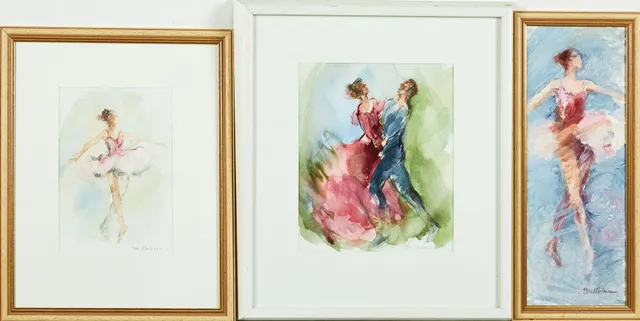 ELSE UHLMANN (F.1949). 3 st, varav 2 akvareller, 1 olja, ballerinor samt dansande par.