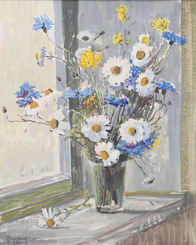GUSTAF FOGELBERG. Sommarblommor i vas. Olja på duk, signerad och daterad 57.