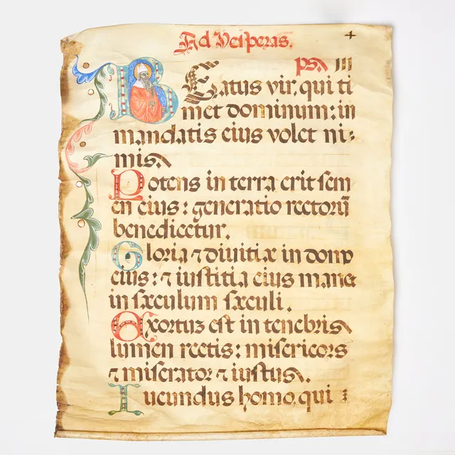 TEXT UR KATOLSKA MÄSSAN, på vellum, handmålad text och illumination, 14/1500-tal.