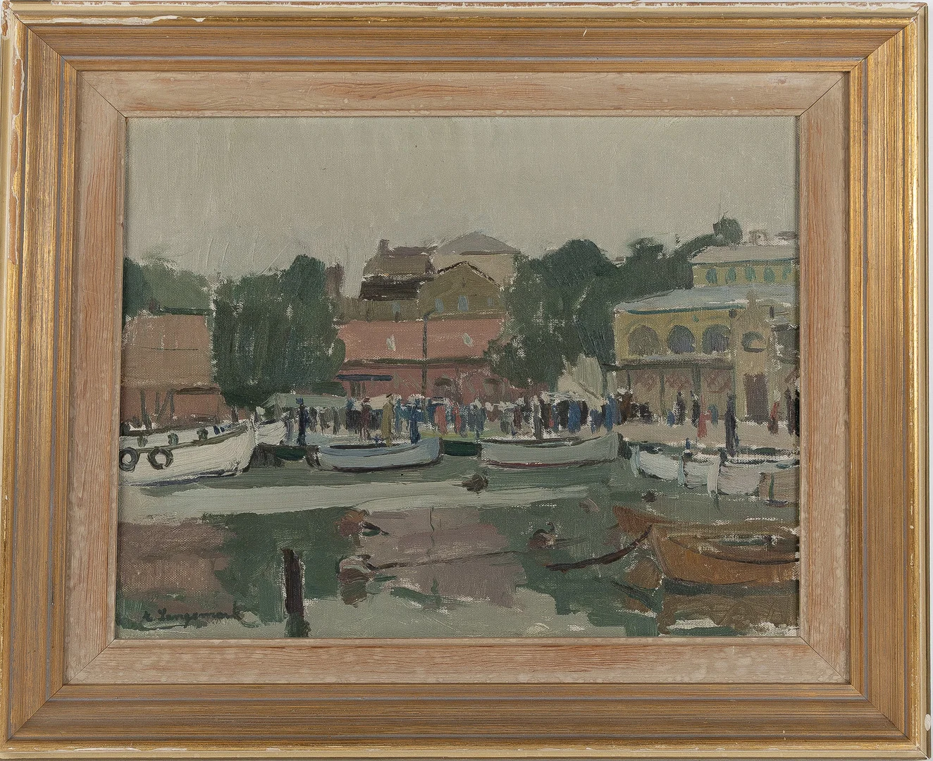 ERIK LANGEMARK (1915-1997). Hamnmotiv, olja på masonit. — Paintings — Stockholms Auktionsverk Helsingborg