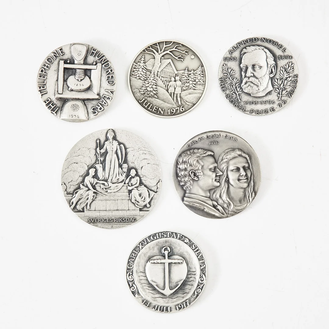 MINNESMEDALJER, 6 st, sterlingsilver och finsilver 999/1000. — Silver — Stockholms Auktionsverk Magasin 5