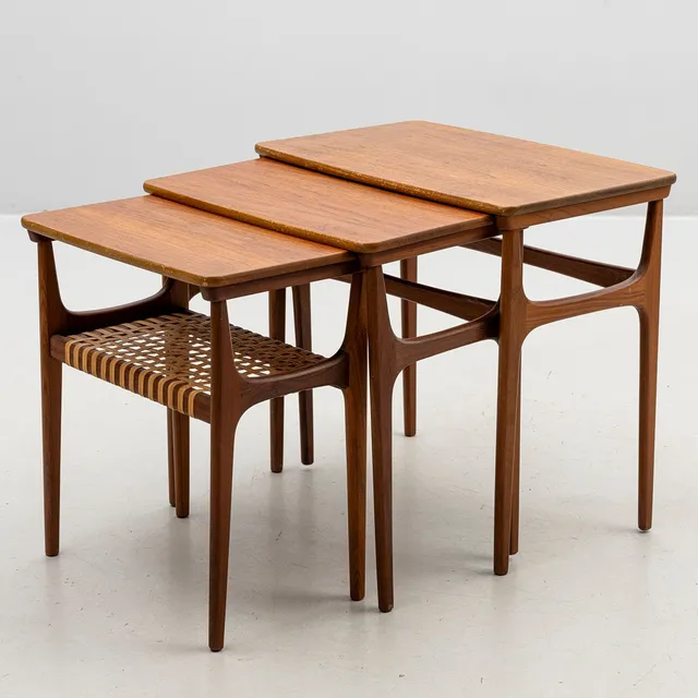 ERLING TORVITS. Satsbord, 3 delar, modell no 15, teak och rotting, brännstämplad, Heltborg Møbler, Danmark, 1900-talets mitt.