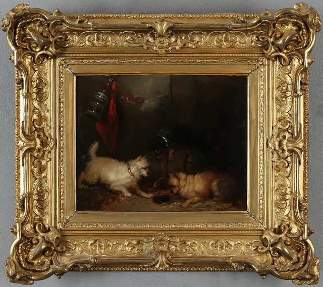 GEORGE ARMFIELD. Hundar i stall, olja på pannå, signerad och daterad 1850.