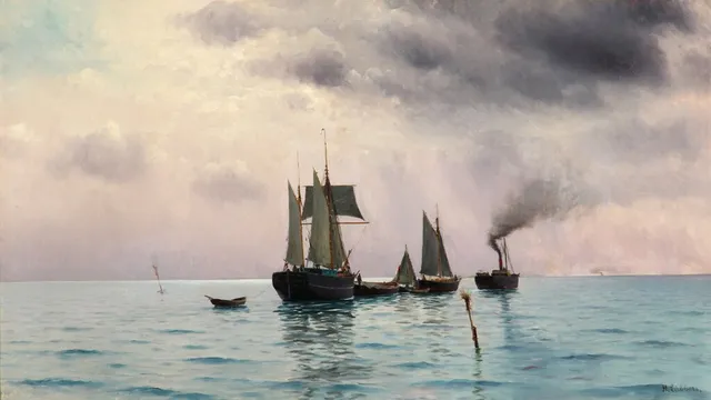 Holger Lübbers. Marine scene with sailing ships and tugboats