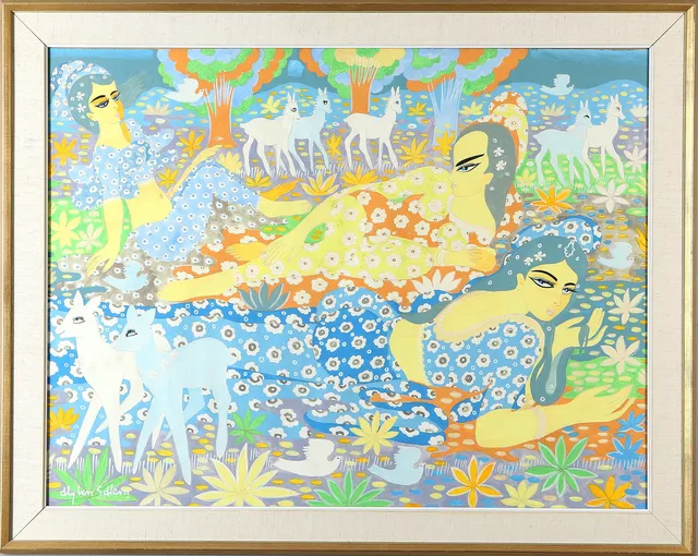 ALY BEN SALEM. Landskap med figurer, gouache, signerad.