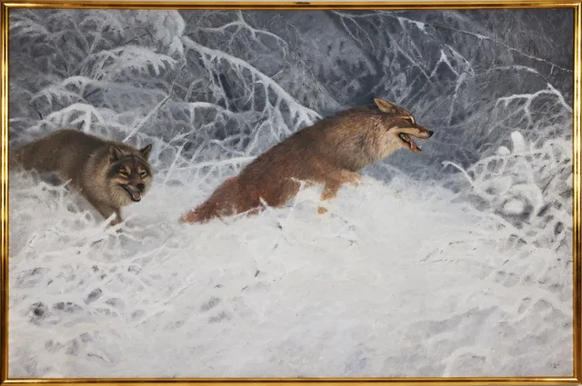 LENNART SAND. Vargpar i snölandskap, olja på duk, 148 x 230 cm.